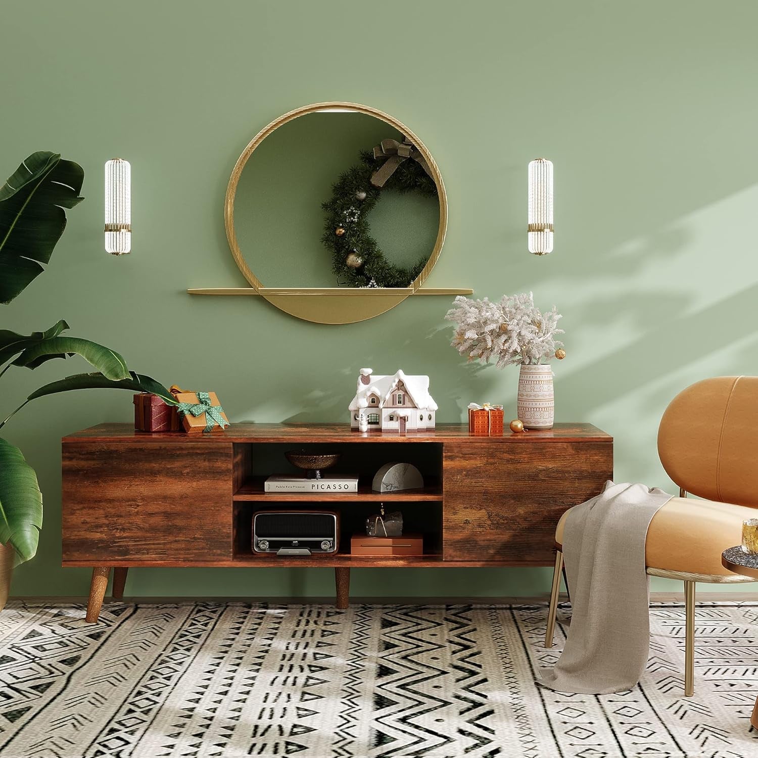 TV Stand for 55 60 Inch TV, Mid Century Modern TV Console, Entertainment Center with Storage for Living Room, Retro Brown-3