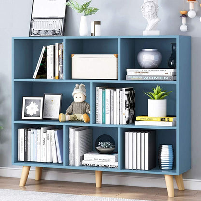 Wooden Open Shelf Bookcase - 3-Tier Floorstanding Display Cabinet Rack with Legs, 8 Cubes Free Standing Bookshelf, Bright Blue-0