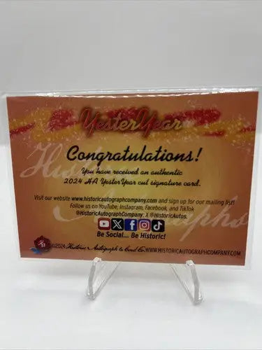 Yesteryear cut auto Eddie Delker historic autographs displayed in a brown congratulatory card stand