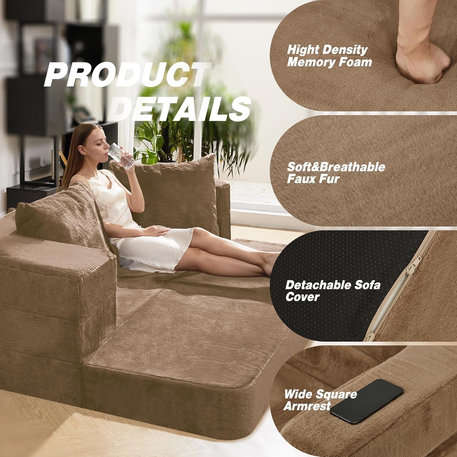 Folding Bean Bag Chair,3-In-1 Bean Bag Couch Faux Fur Floor Sofa Large Foam Beanbag Convertible Bean Bag Sofa Bed with Pillow for Adults(Brown, Large)-4