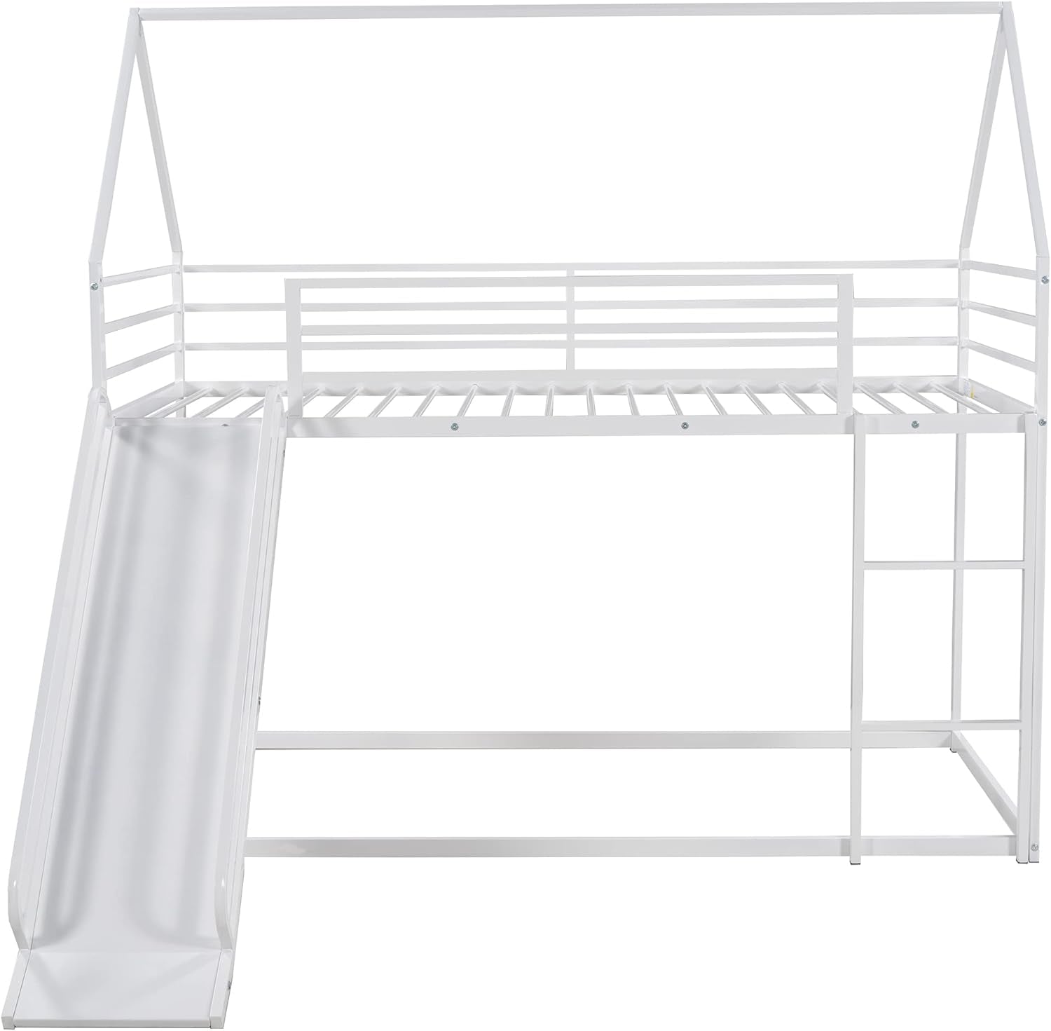 Heavy Metal Junior House Low Bunk Bed with with Full-Length Guardrail Twin over Twin, Montessori Floor Bunk Bed Frame Ladder & Slide, Noise Free White-4