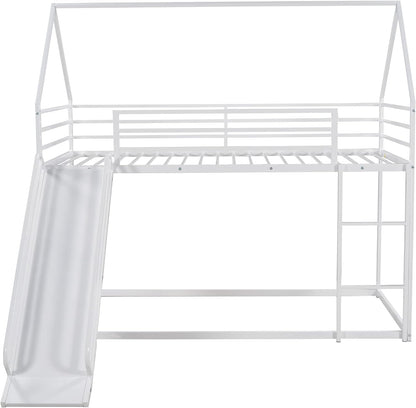 Heavy Metal Junior House Low Bunk Bed with with Full-Length Guardrail Twin over Twin, Montessori Floor Bunk Bed Frame Ladder & Slide, Noise Free White-4