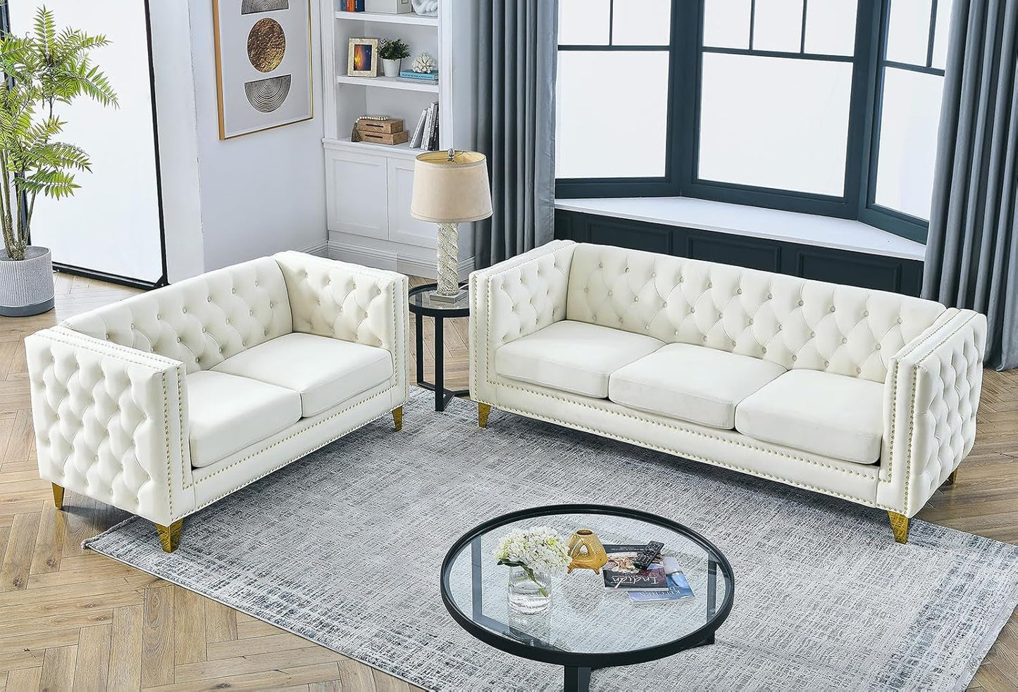 80-Inch Couches + 58-Inch Loveseat Sofa Set for Living Room, Modern Button Tufted Velvet Upholstered Sofa Couch with Square Armrests Inlaid with Gold Nail Heads and 4 Golden Metal Legs, Beige-3