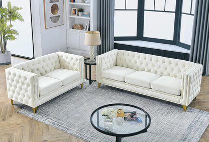 80-Inch Couches + 58-Inch Loveseat Sofa Set for Living Room, Modern Button Tufted Velvet Upholstered Sofa Couch with Square Armrests Inlaid with Gold Nail Heads and 4 Golden Metal Legs, Beige-3