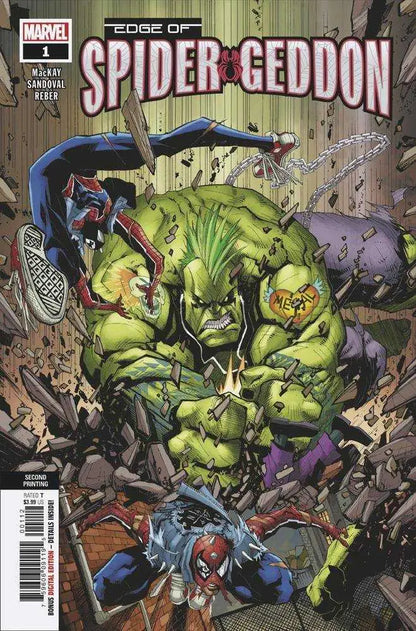 Comic book cover of Edge Of Spider-Geddon #1 with Spider-Man vs Punk Hulk in destruction