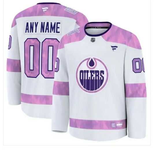Edmonton Oilers 2024 Hockey Fights Cancer white practice jersey front view