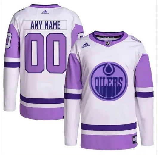 White and purple Edmonton Oilers Hockey Fights Cancer adidas authentic jersey
