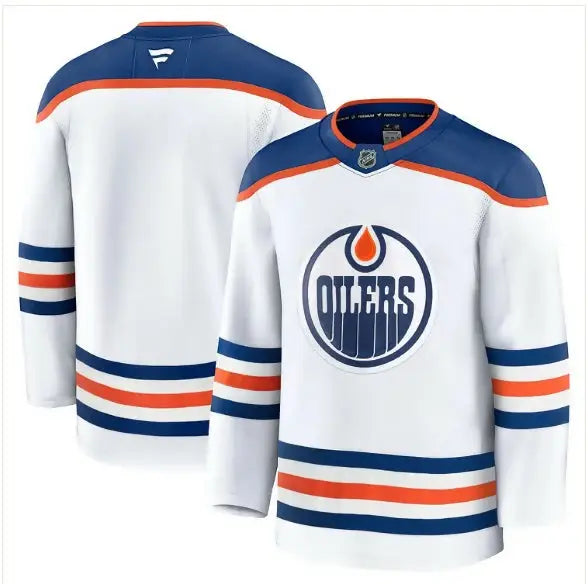 Edmonton Oilers home premium hockey jersey in white displayed in product image