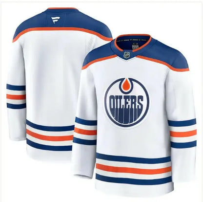 Edmonton Oilers home premium hockey jersey in white displayed in product image