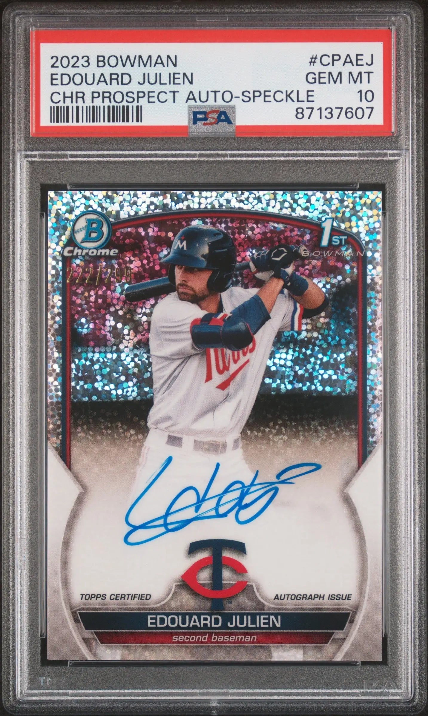 PSA 10 Edouard Julien 2023 Bowman Chrome Speckle Auto with sparkly background