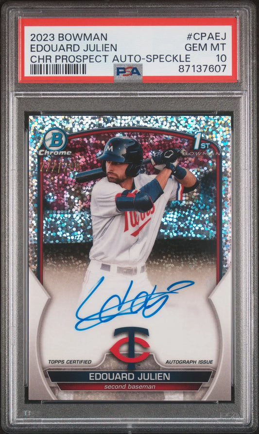 PSA 10 Edouard Julien 2023 Bowman Chrome Speckle Auto with sparkly background