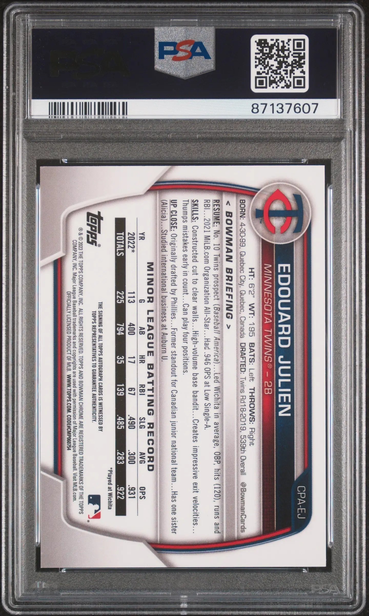 Edouard Julien 2023 Bowman Chrome Speckle Auto #222/299 PSA 10 Gem Mint - Trading Card