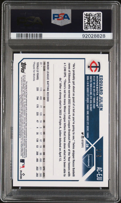 Edouard Julien 2023 Topps Chrome Red Wave Auto trading card in PSA slab