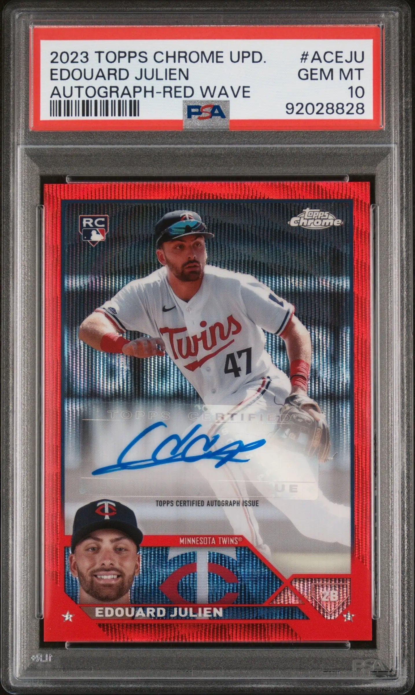 Graded Edouard Julien 2023 Topps Chrome Update Red Wave Auto rookie card in PSA 10