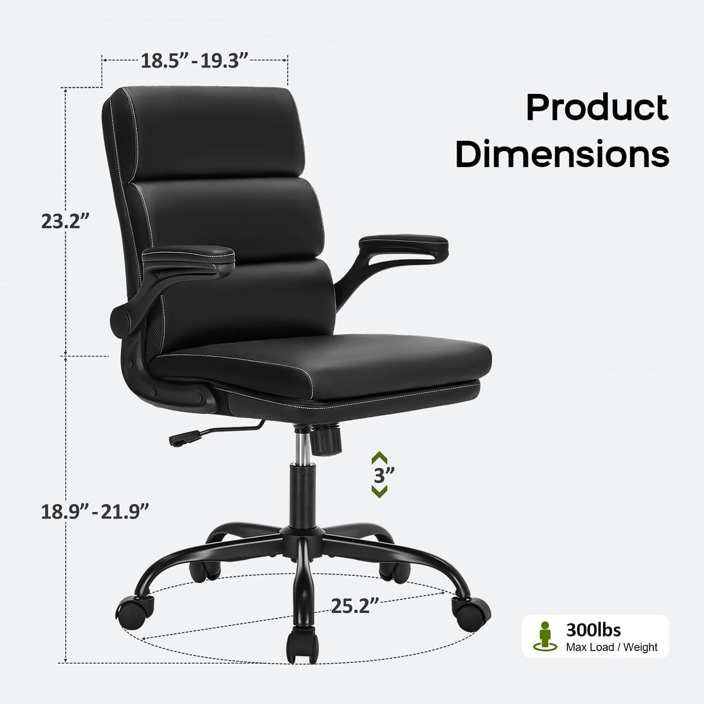 Office Chair Adjustable Desk Chair Mid Back Executive Comfortable Bonded Leather Ergonomic Back Support Home Computer Chair with Padded Flip-Up Armrest Swivel Wheels (Black)-1