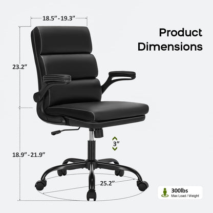 Office Chair Adjustable Desk Chair Mid Back Executive Comfortable Bonded Leather Ergonomic Back Support Home Computer Chair with Padded Flip-Up Armrest Swivel Wheels (Black)-1