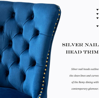 Velvet Dining Chair Set of 2, Upholstered Tufted Dining Room Chair with Nailhead Trim and Stainless Steel Gold Plated Leg for Kitchen, Blue-4