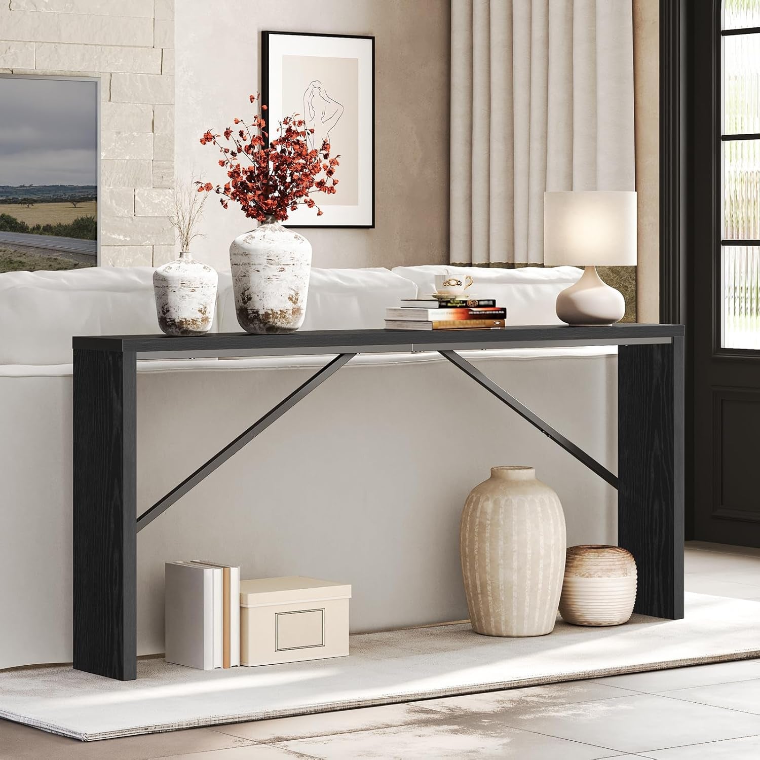 Console Table, 70.9" Long Sofa Table behind Couch, Narrow Entryway Table, Farmhouse Dining Table with Angled Metal Frame, Industrial Console Table for Entryway, Black CTHB18801-4