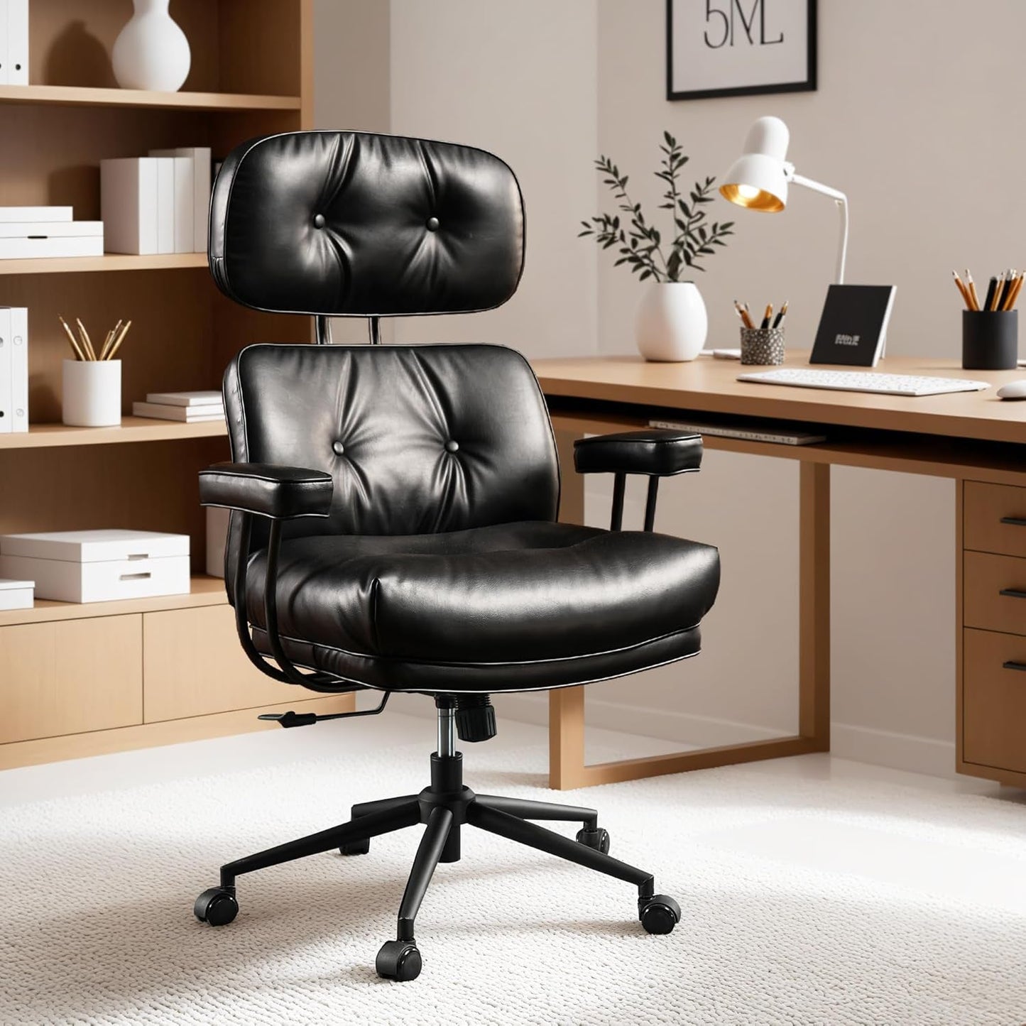 Ergonomic Home Office Chair, Mid-Century Modern Leather Chair with Lumbar Support, High Back Swivel Rolling Executive Chair with Comfy Thick Cushion (Black, PU Leather)-0