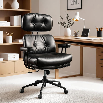 Ergonomic Home Office Chair, Mid-Century Modern Leather Chair with Lumbar Support, High Back Swivel Rolling Executive Chair with Comfy Thick Cushion (Black, PU Leather)-0