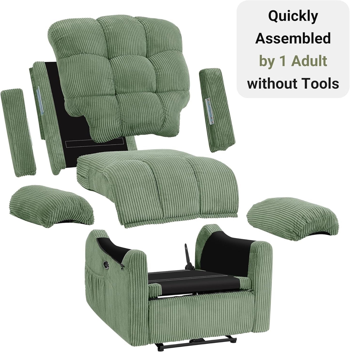 Upgraded 2024 New Power Recliner Chair for Adults, Adjustable Electric Chair Power Reclining Sofa, USB Port, Ultra-Comfy Corduroy Recliner for Living Room, Tool-Less Assembly Single Sofa Green-3