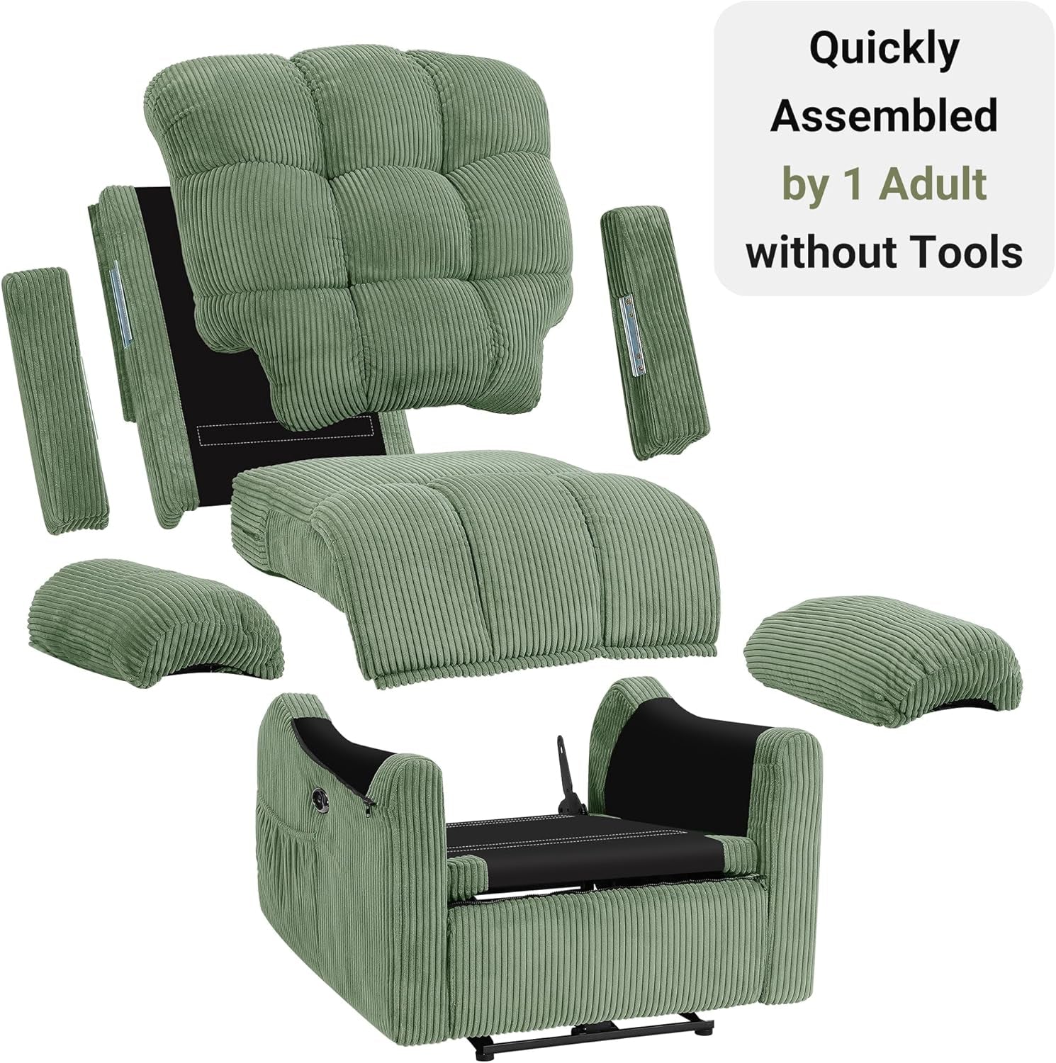 Upgraded 2024 New Power Recliner Chair for Adults, Adjustable Electric Chair Power Reclining Sofa, USB Port, Ultra-Comfy Corduroy Recliner for Living Room, Tool-Less Assembly Single Sofa Green-3