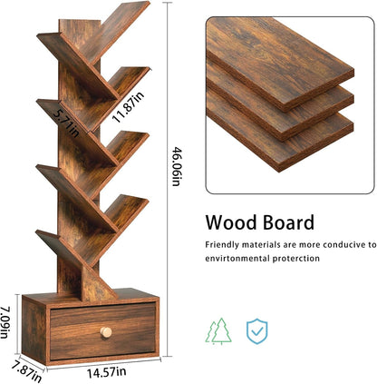 8 Tier Tree Bookshelf with Drawer, Free Standing Wood Bookcase for Narrow Space, Storage Organizer Bookshelves for Books, Book Case for Home Office, Living Room, Bedroom, Rustic Brown-2