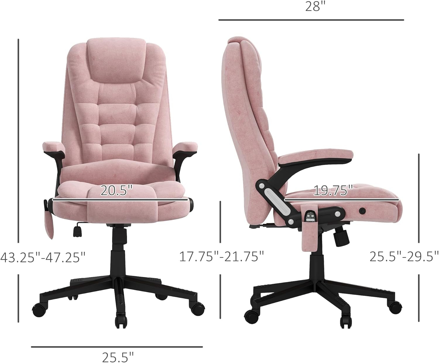 6 Point Vibrating Massage Office Chair with Heat, Velvet High Back Executive Office Chair with Reclining Backrest, Padded Armrests and Remote, Pink-2