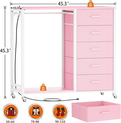 Dresser for Bedroom with Clothes Rack, 5 Drawers Dresser with Charging Station & LED Lights, Pink Storage Chest of Drawers with Wheels, Wooden Top, Lockable Wheels, Bedroom, Closet, Pink-1
