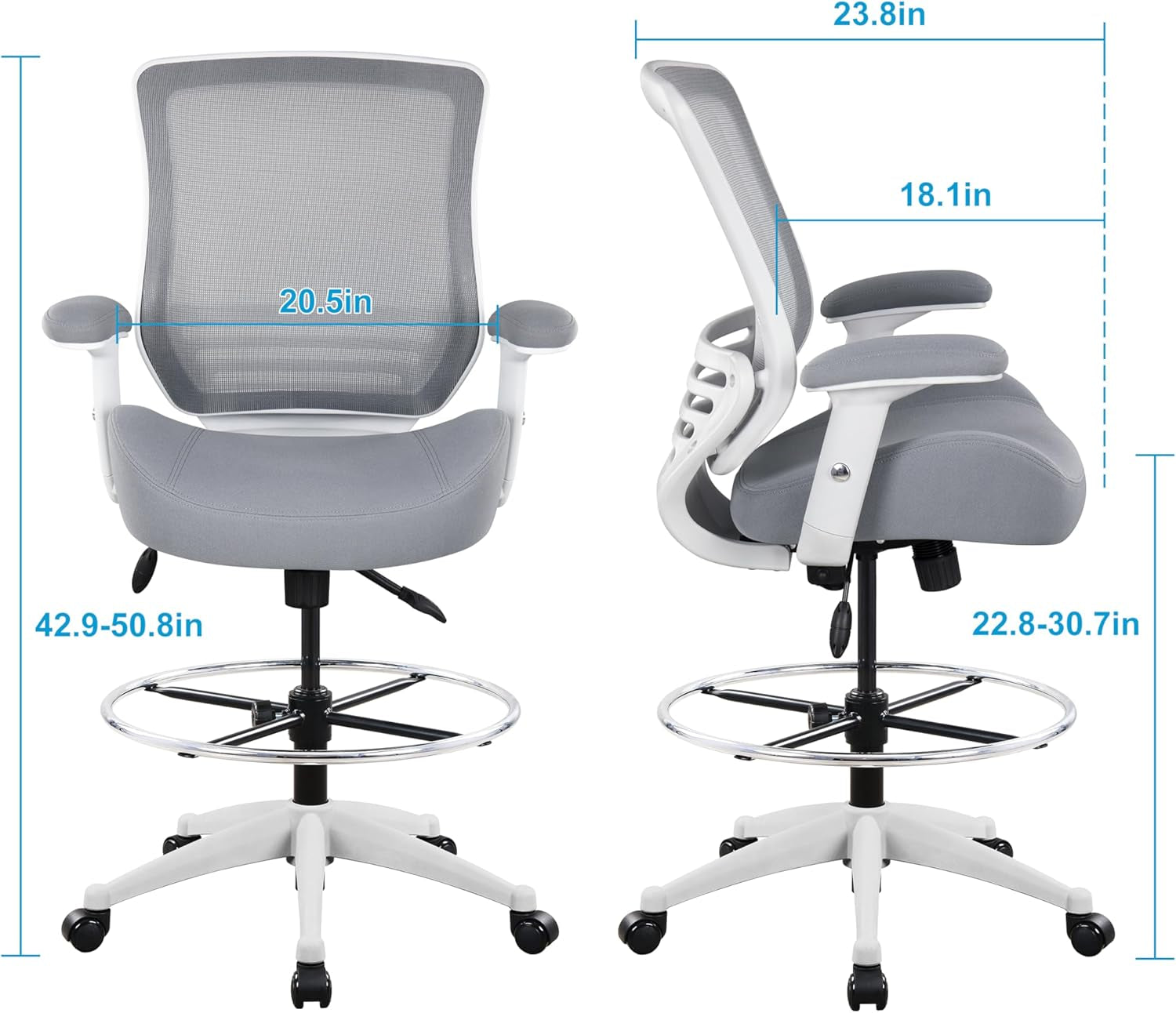 400Lbs Mesh Ergonomic Office Drafting Chair Big Adjustable Foot Ring Height Adjustable Armrest (Grey)-2