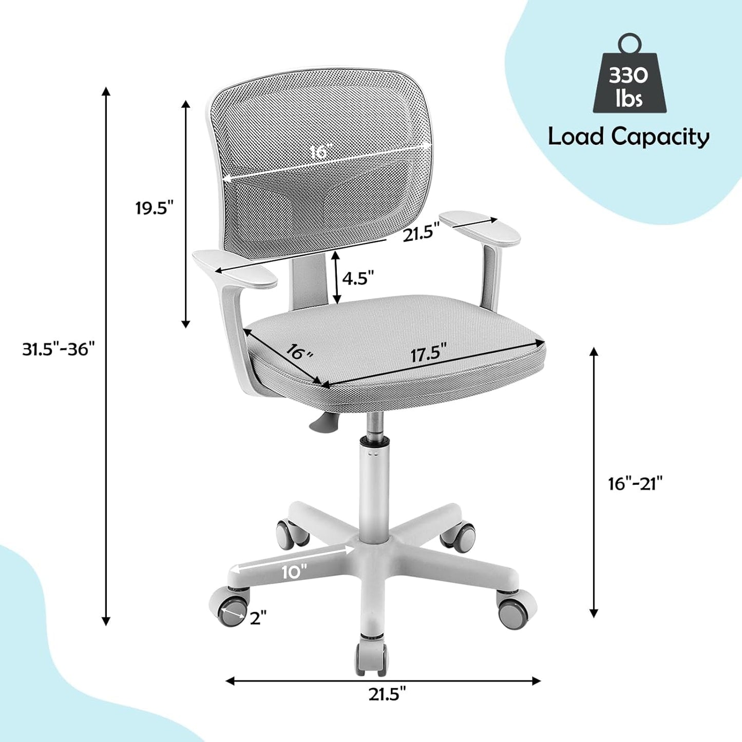 Kids Desk Chair, Ergonomic Kids Swivel Study Chair with Lumbar Support, Breathable Mesh & Universal Wheels, Height Adjustable Kids Computer Chair for Boys & Girls (Grey)-2