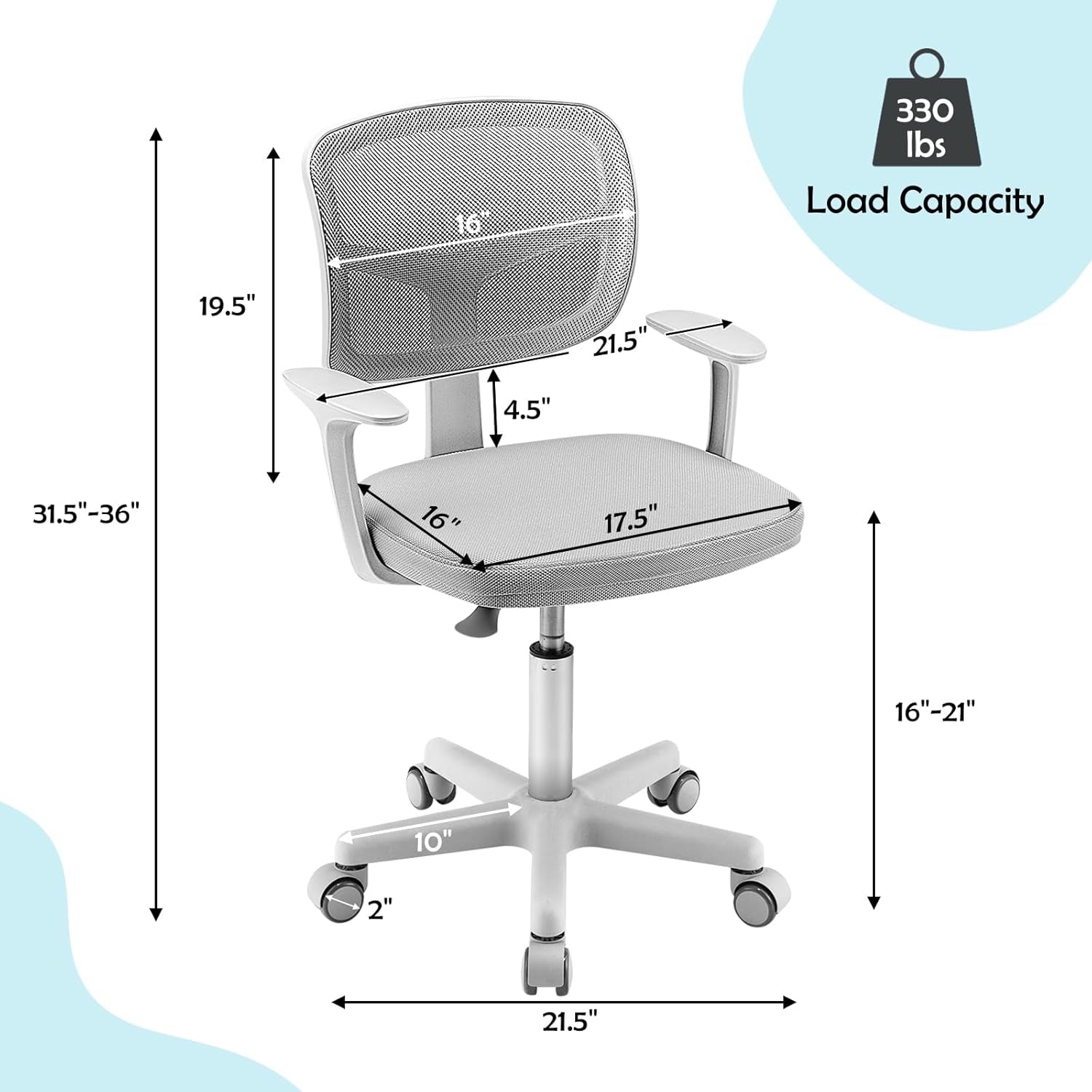 Kids Desk Chair, Ergonomic Kids Swivel Study Chair with Lumbar Support, Breathable Mesh & Universal Wheels, Height Adjustable Kids Computer Chair for Boys & Girls (Grey)-2