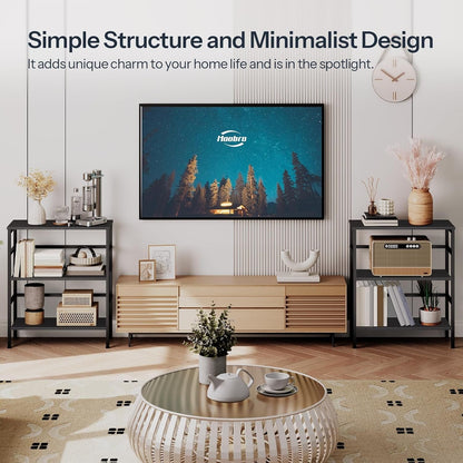 3 Tier Bookshelf, Industrial Bookcase, Record Storage Rack with Side Fence, Wood Storage Shelf with Metal Frame, Rustic Open Display Shelf for Living Room, Bedroom, Black BB86CJ01-1