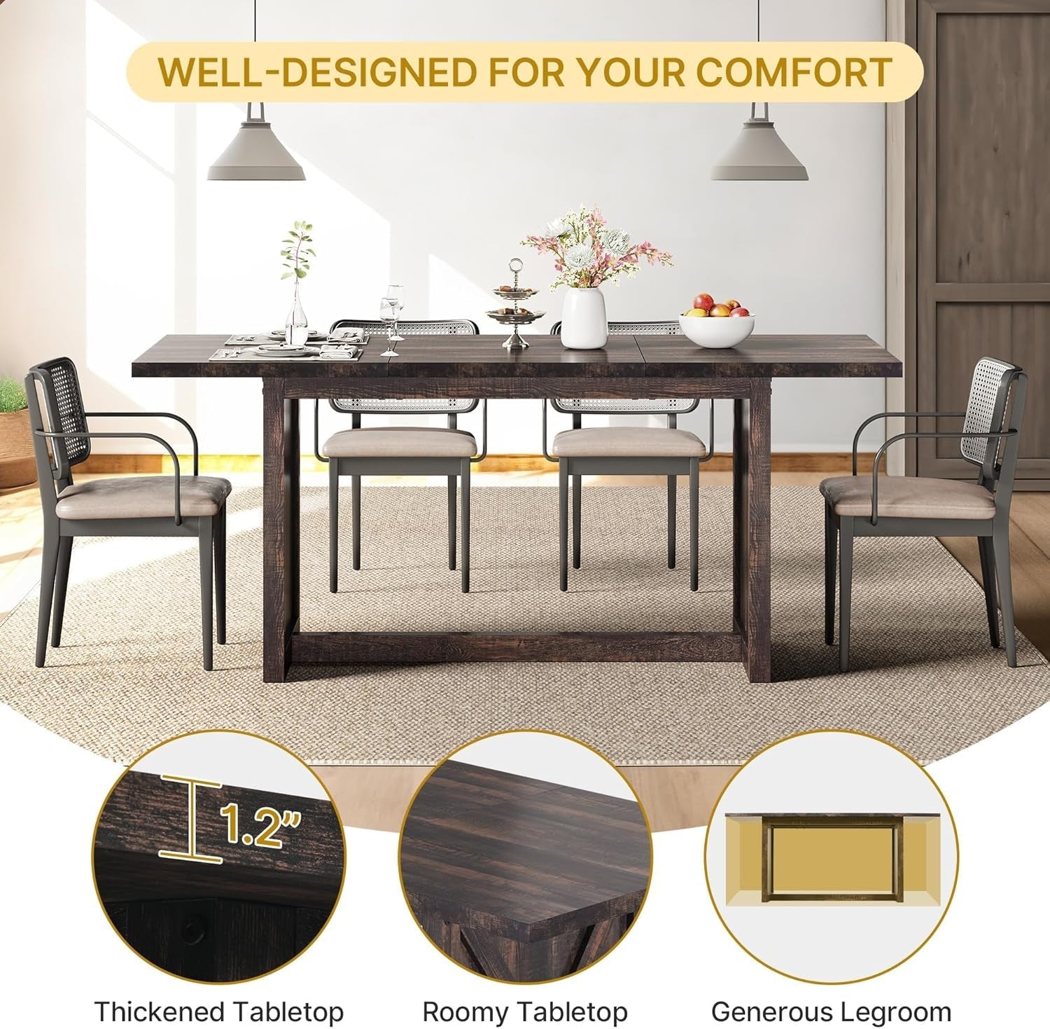 70.8" Large Farmhouse Dining Table for 6 to 8 People, Rustic Style Wood Dinner Table, Rectangular Dining Table for Kitchen, Dining Room & Living Room-2