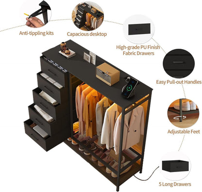 LED Dresser with Rack, Charging & 5 Drawers Black-4