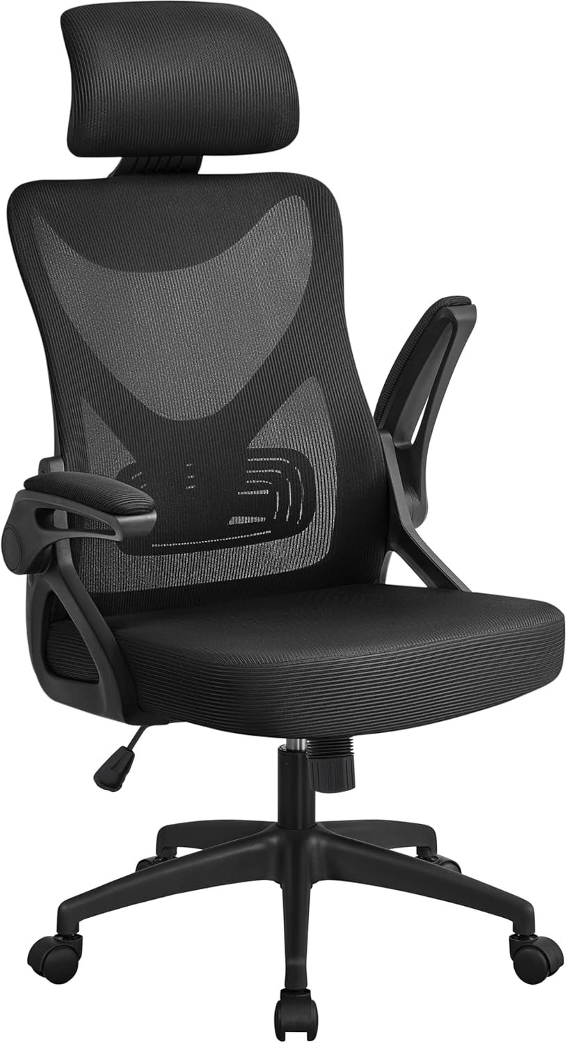 Ergonomic Office Chair, High Back Desk Chair with Flip-Up Armrest and Headrest, Mesh Computer Chair with Lumbar Support for Home Office Meeting Room Study, Black-0