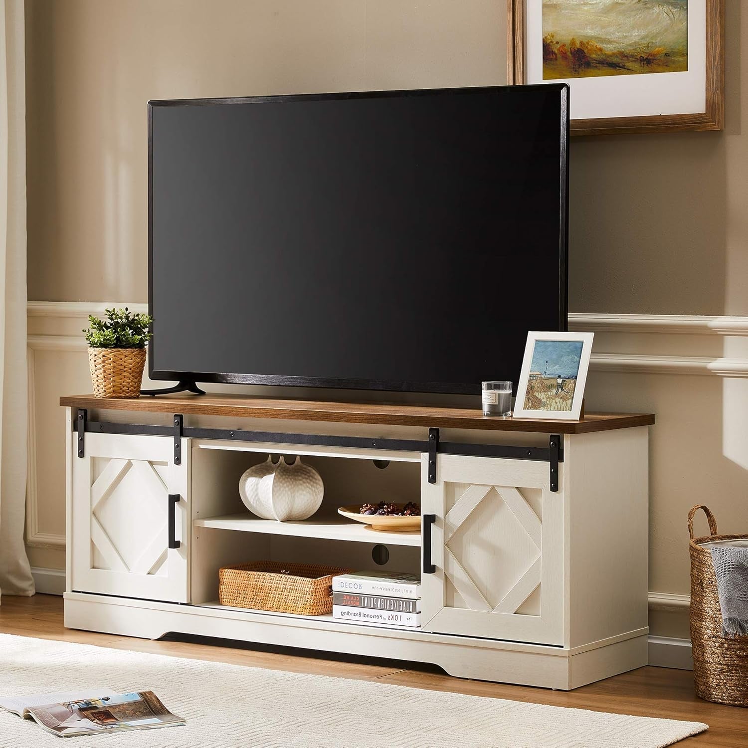 Farmhouse Sliding Barn Door TV Stand for Tvs up to 65 Inch, Modern Storage Entertainment Center, Wood Media Console Table Cabinet 3-Level Adjustable Shelf for Living Room, White/Oak-0