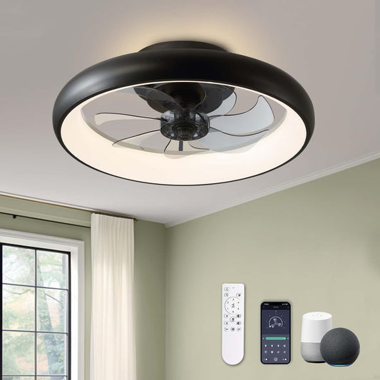 Ceiling Fans with Lights, Flush Mount Ceiling Fan with Alexa/Google Assistant/App Control, Low Profile Ceiling Fan with 6 Wind Speeds, LED Ceiling Fan for Bedroom, Kitchen 20“ (Black)-0