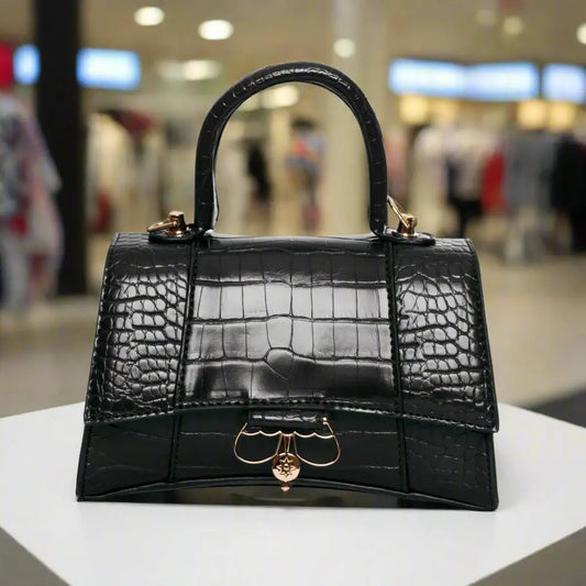 Black croc embossed synthetic leather Egon Von Furstenberg top-handle handbag with gold clasp