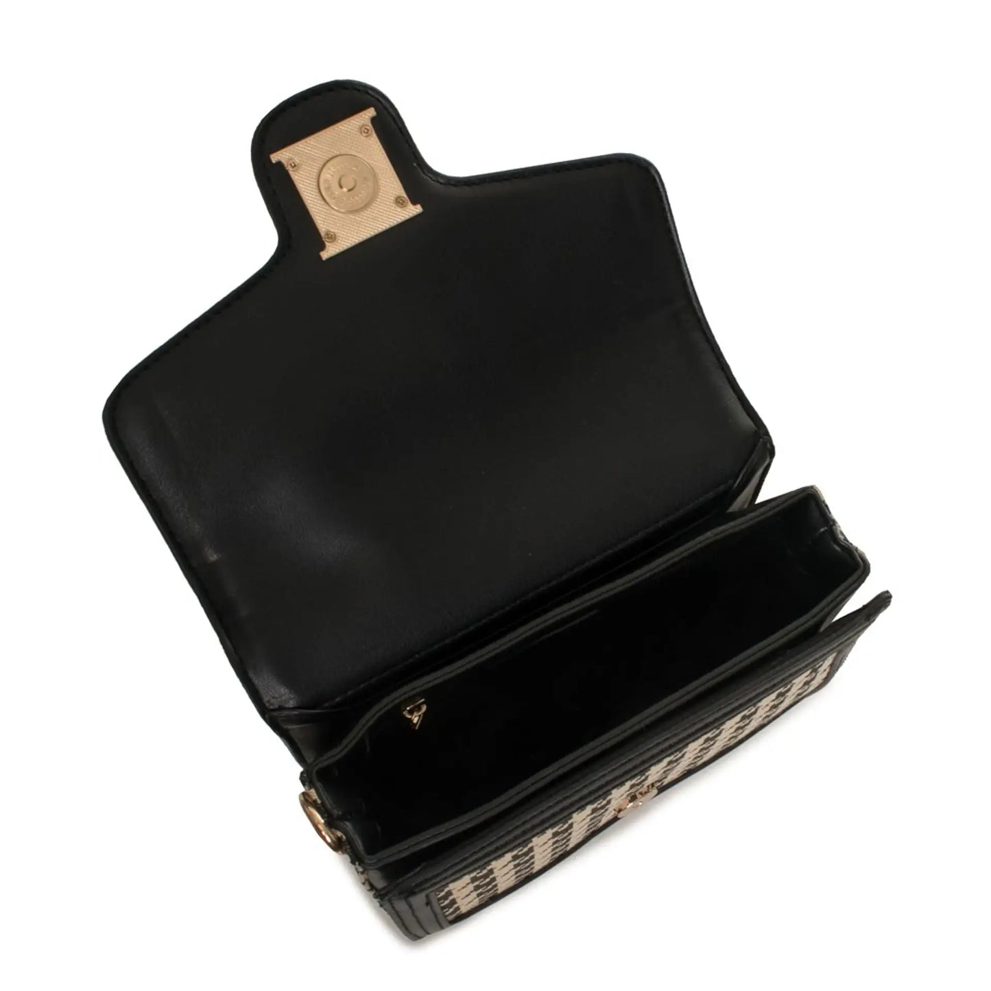 Open black and beige monogrammed crossbody bag with shoulder strap and gold magnetic snap closure