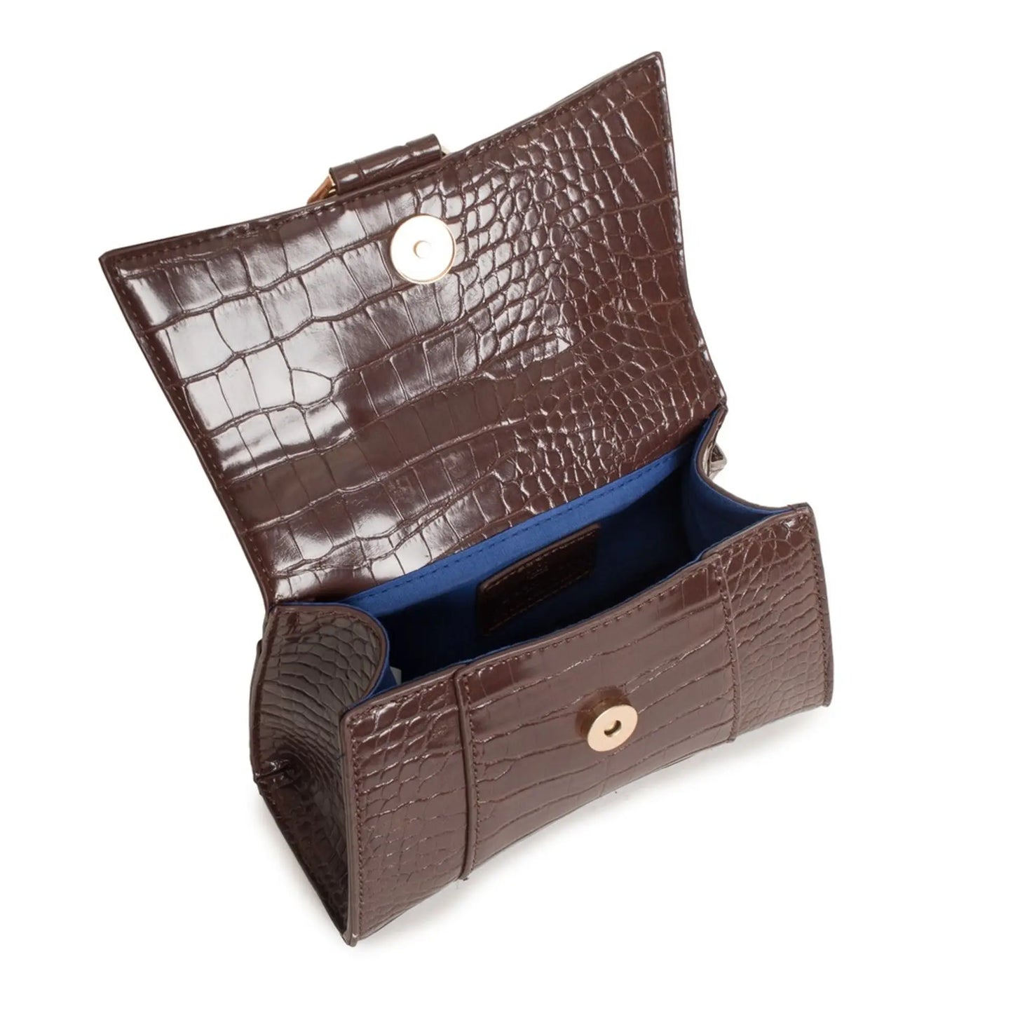 Open dark brown crocodile-embossed leather handbag with shoulder strap and gold-tone snap