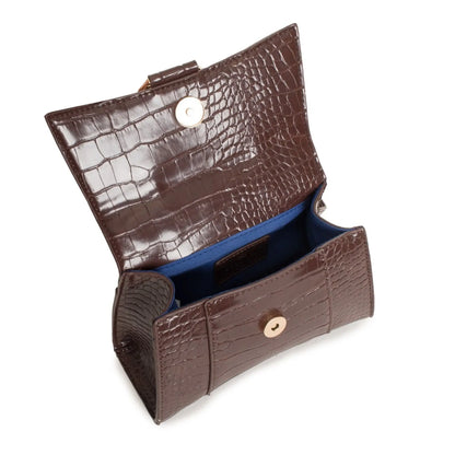 Open dark brown crocodile-embossed leather handbag with shoulder strap and gold-tone snap
