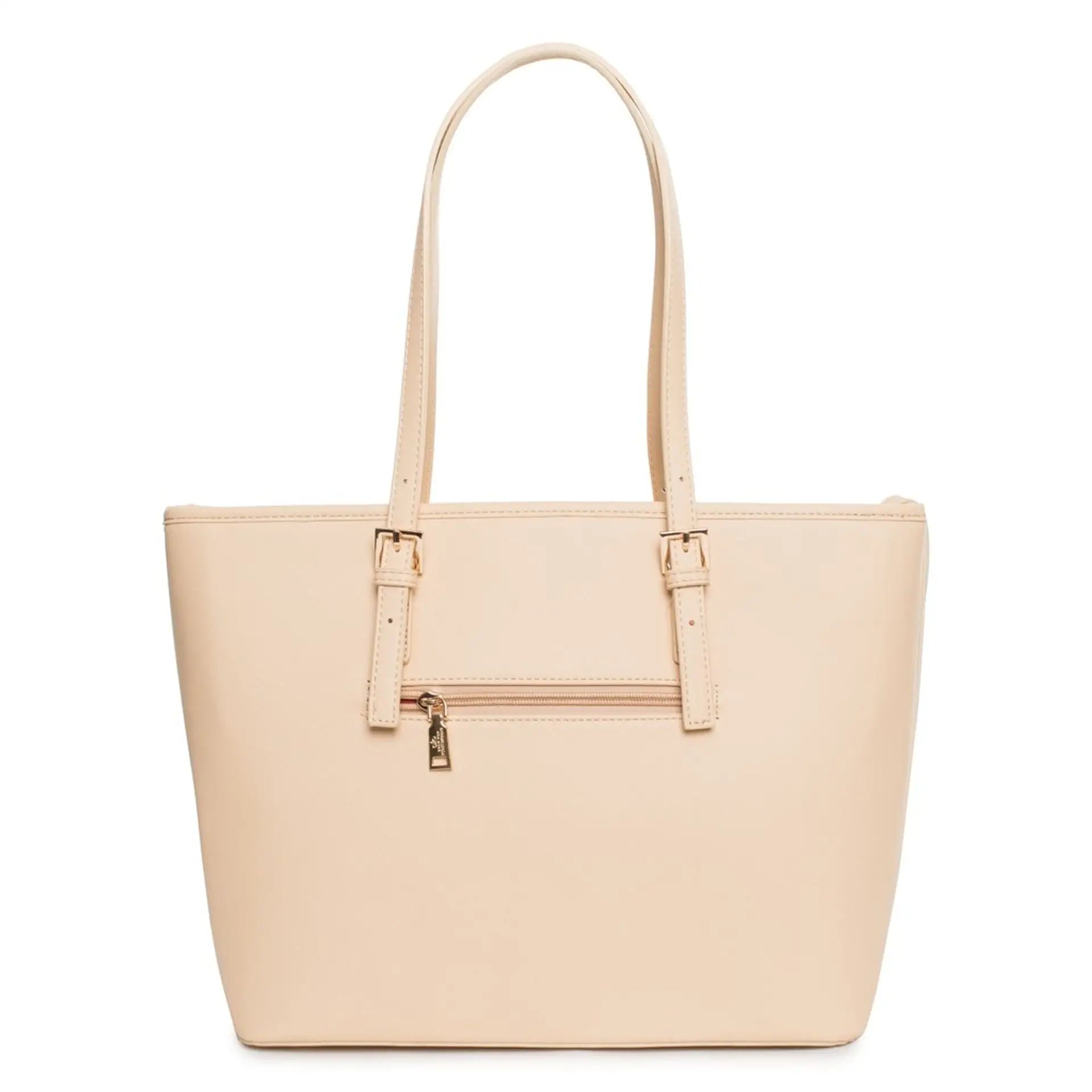 Light beige faux leather tote bag with back zipper pocket from Egon Von Furstenberg brown synthetic handbags