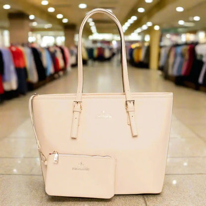 Light pink faux leather tote bag with matching clutch from Egon Von Furstenberg brown synthetic handbags