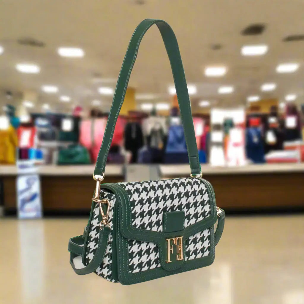 Green and white houndstooth pattern shoulder bag with gold clasp and shoulder strap