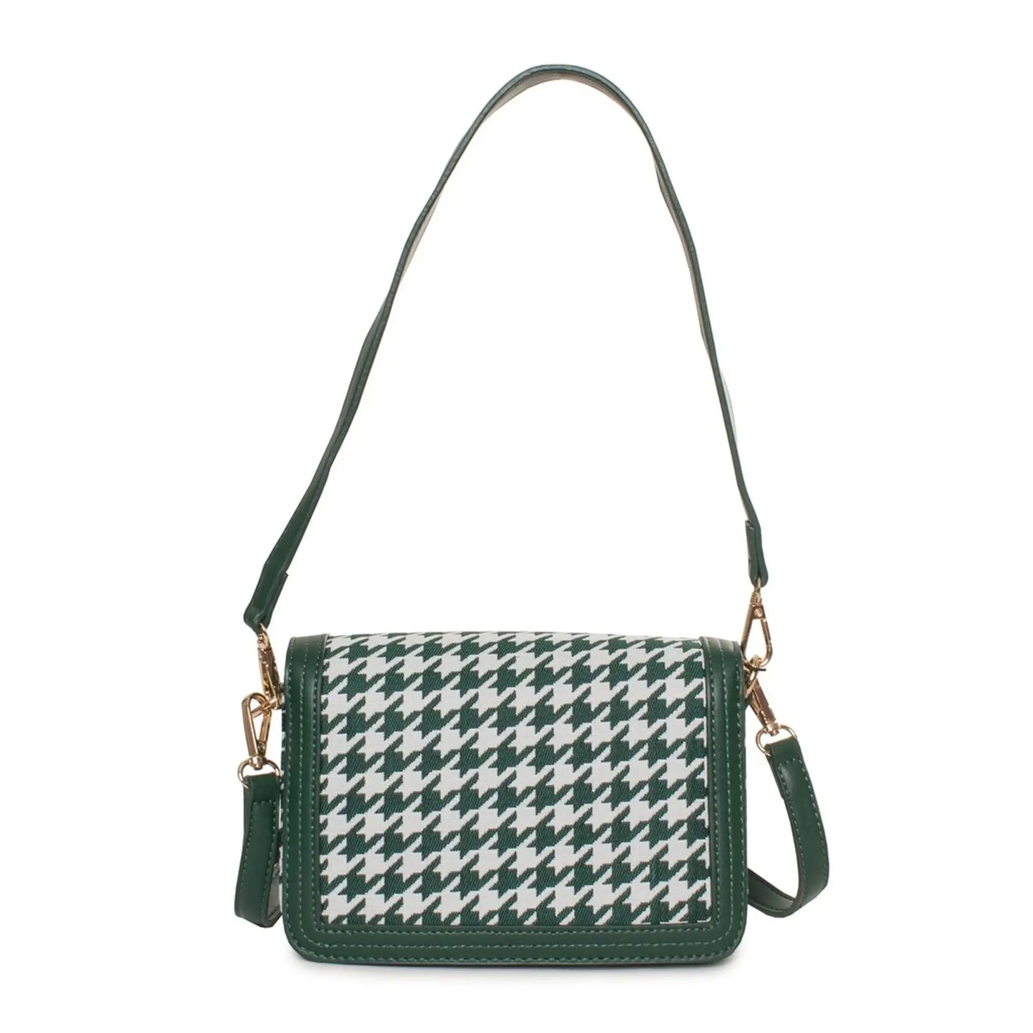 Green and white houndstooth pattern shoulder bag with dark green trim and shoulder strap