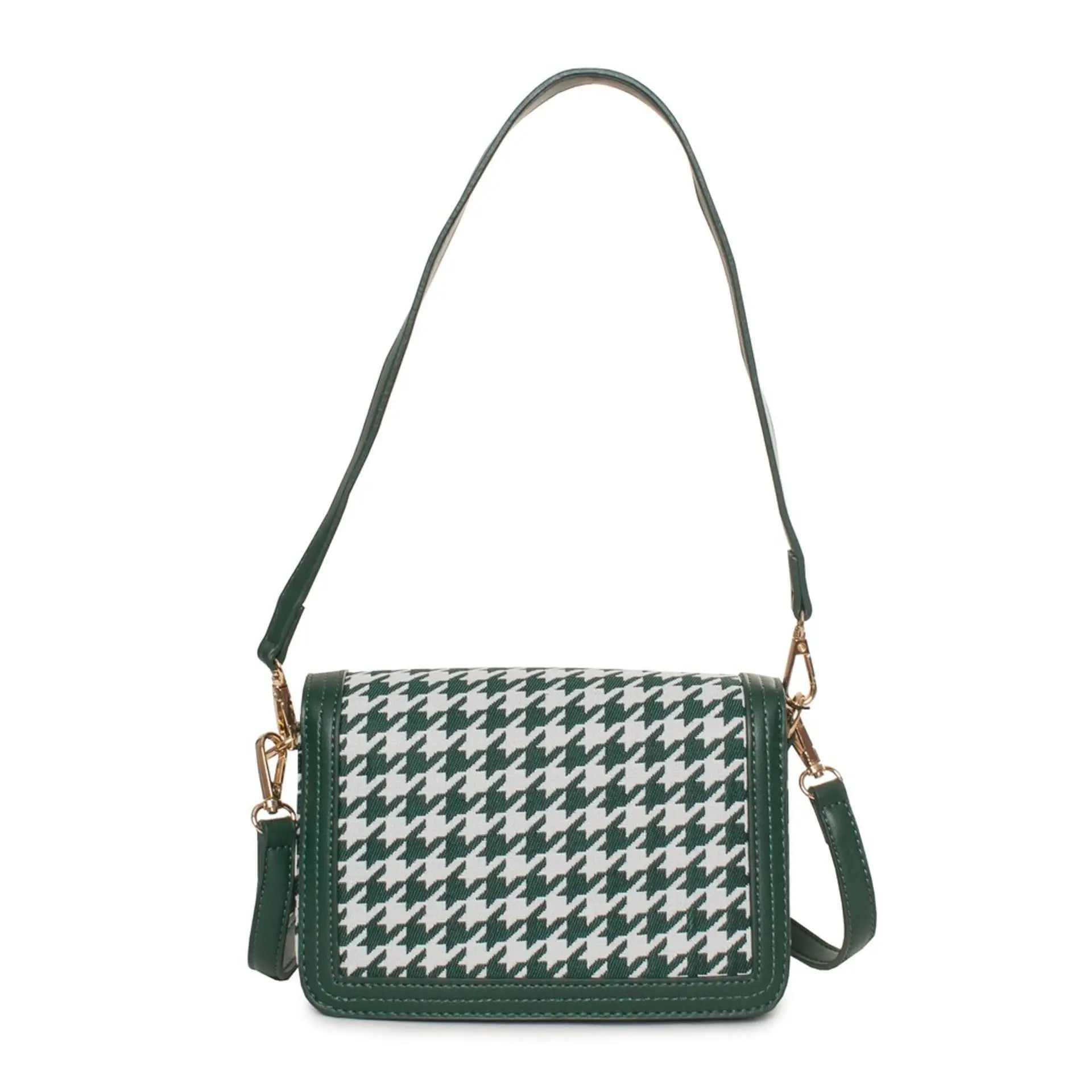 Green and white houndstooth pattern shoulder bag with dark green trim and shoulder strap