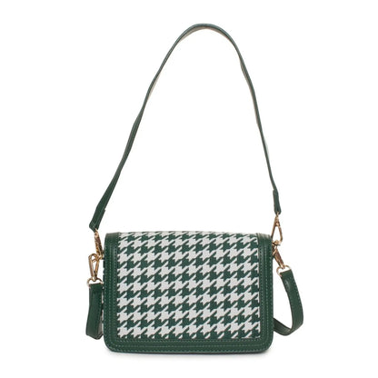 Green and white houndstooth pattern shoulder bag with dark green trim and shoulder strap