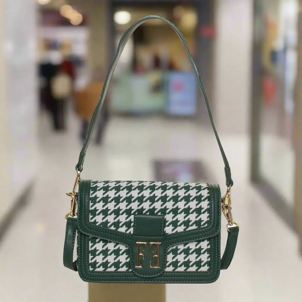 Green and white houndstooth shoulder bag with gold clasp and shoulder strap from Egon Von Furstenberg
