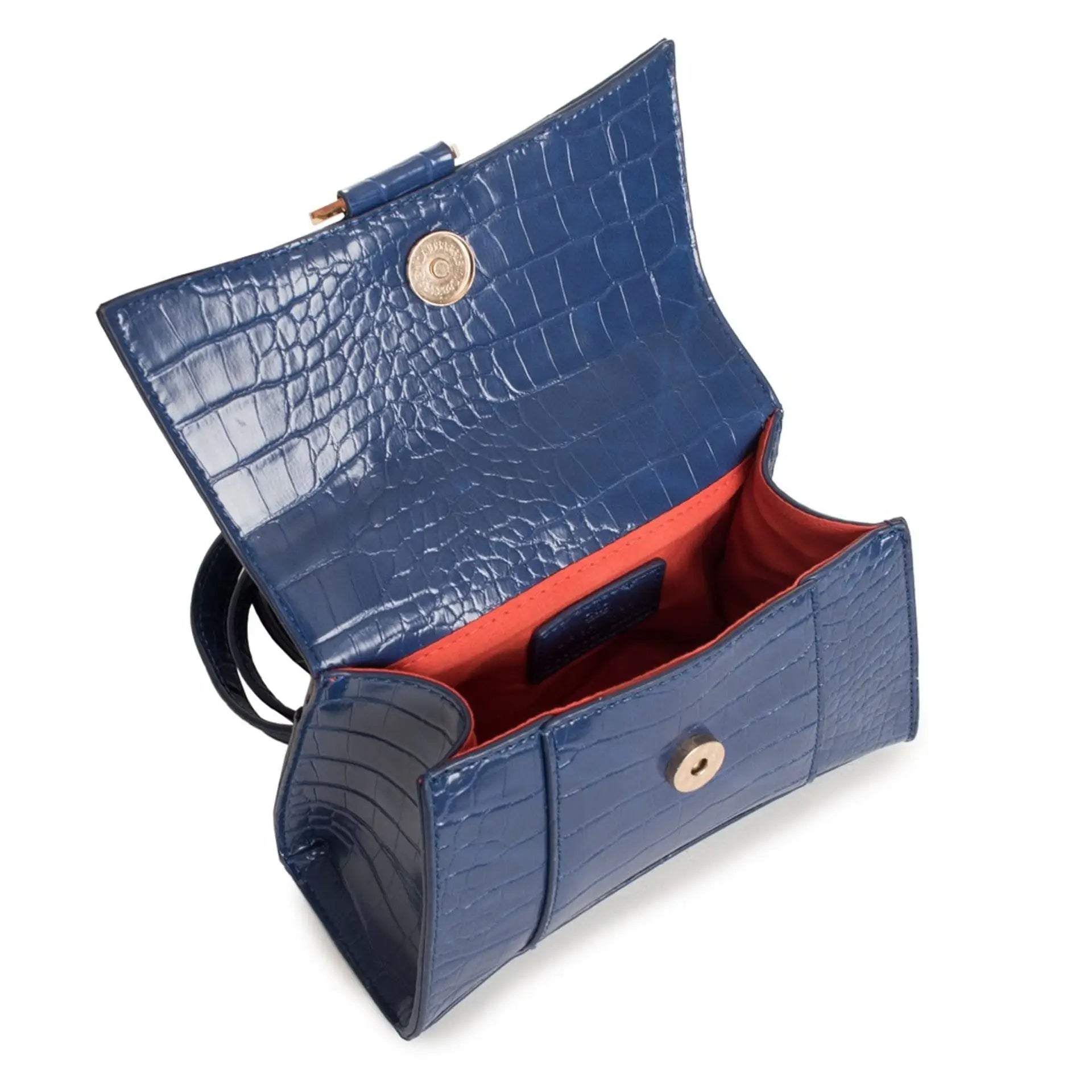 Open navy blue croc print embossed synthetic handbag with red interior by Egon Von